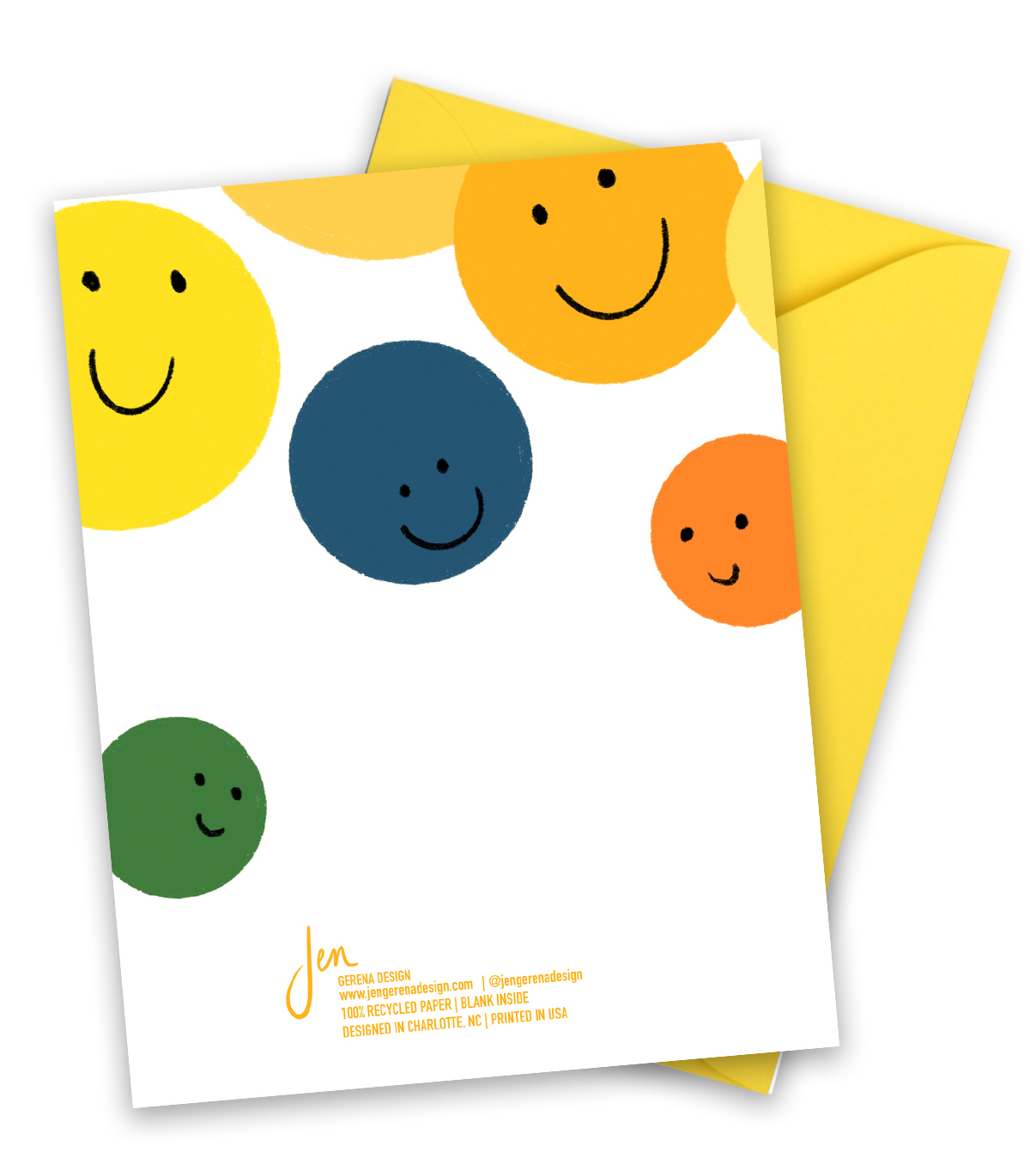 yellow, green, blue and orange smile faces on a greeting card, blank inside