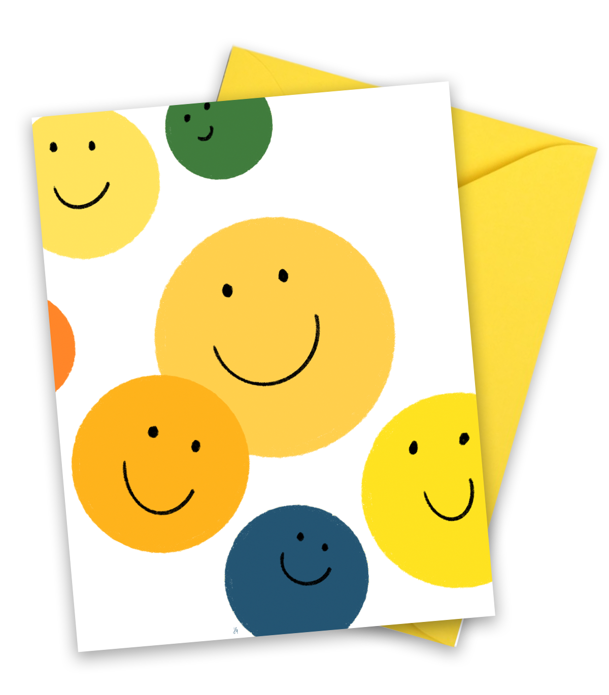 yellow, green, blue and orange smile faces on a greeting card, blank inside