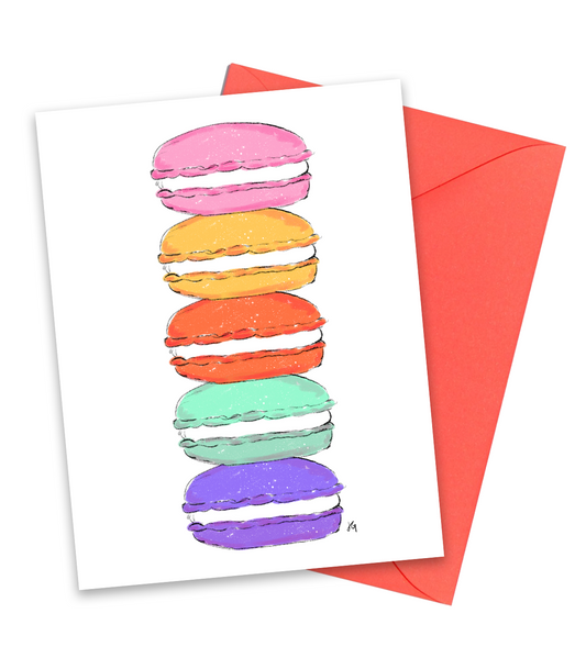 greeting card that has stacked macarons in pink, yellow, orange, mint and purple. Blank inside.