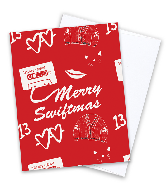 Greeting card that reads merry swiftmas on the front with taylor swift inspired icons on a red background