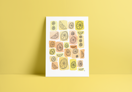 citrus, lemon, oranges illustrated on a greeting card, blank inside