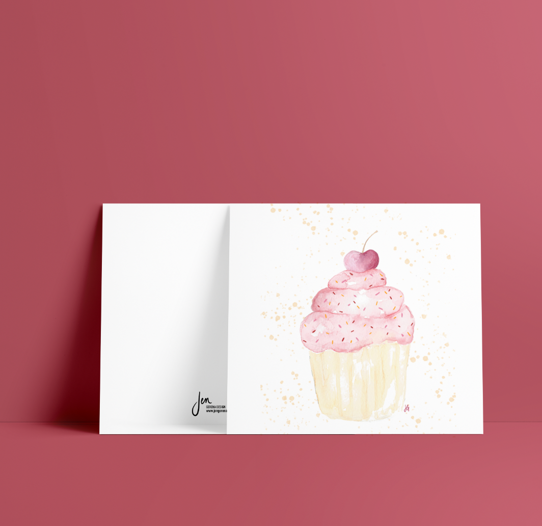 pink cupcake with a cherry on top, varying shades of pink and orange sprinkles, watercolor illustration greeting card, blank inside. Enclosure card