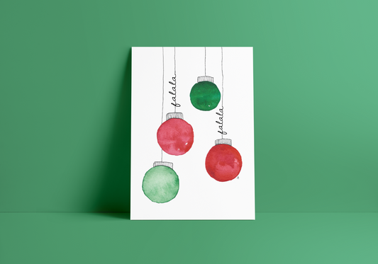 Red and green watercolor Christmas balls with FaLaLa on the front, greeting card, blank inside 