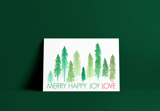 Merry happy joy love greeting card, illustrated watercolor trees on the front.