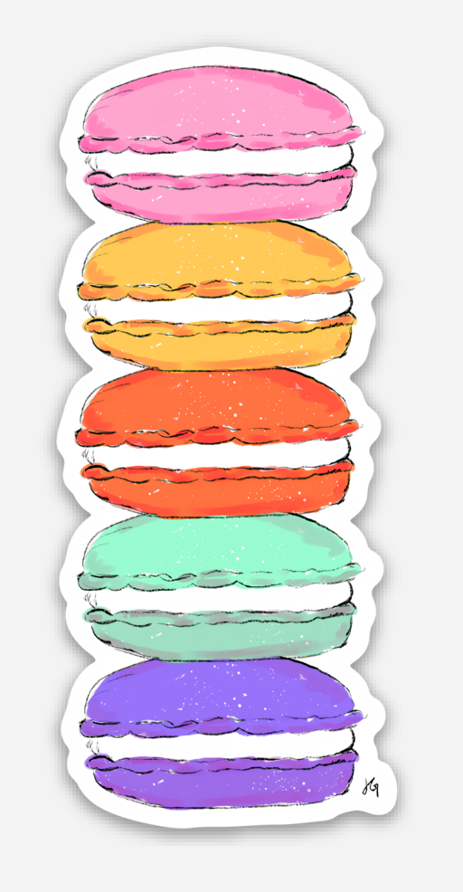 vertical sticker that has stacked macarons in pink, yellow, orange, mint and purple. 