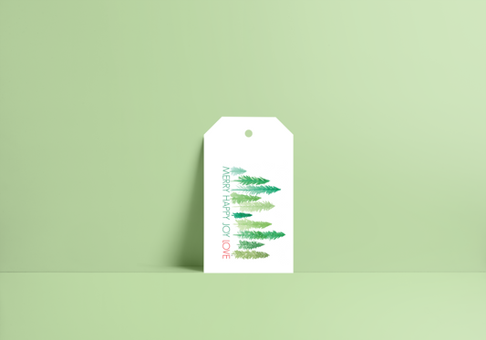 gift tags with merry happy joy love written with green watercolor trees 