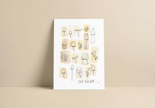 greeting card with illustrated mushrooms in shades of brown. Blank inside