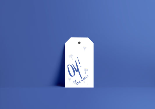 Hanukkah gift tags with menorahs and oy to the world wording
