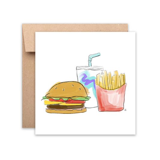 illustrated burger, fries and soda cup in a watercolor style, greeting card, we make the perfect combo is the copy inside the card