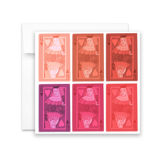 square greeting card with queen of hearts playing cards in varying shades of pinks and corals. Blank inside