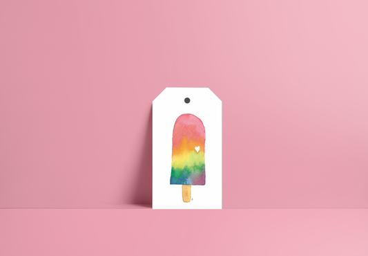 gift tag with a rainbow popsicle and a heart