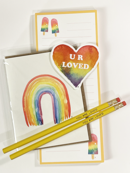 U R Loved rainbow gift set which includes a sticker, greeting card, note pad and embossed pencils. Pencils read you are loved