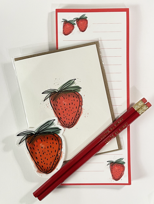 Strawberry gift set which includes a strawberry sticker, greeting card, notepad and two embossed pencils that read you're so sweet