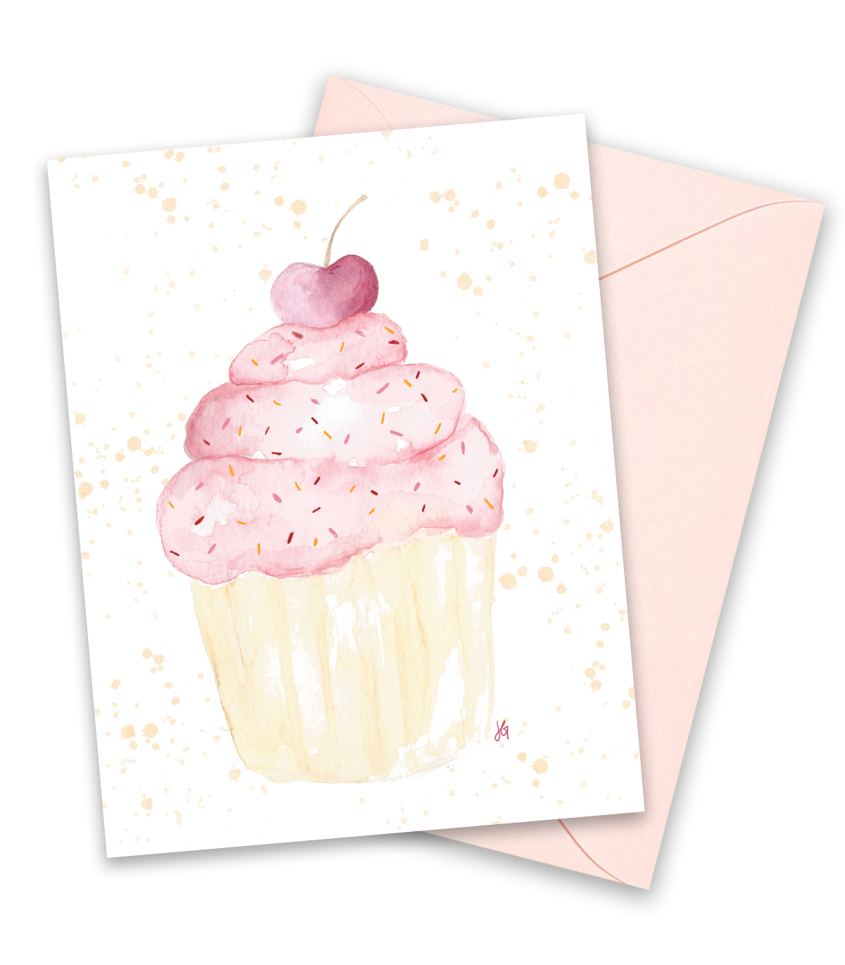 pink cupcake with a cherry on top, varying shades of pink and orange sprinkles, watercolor illustration greeting card, blank inside. 