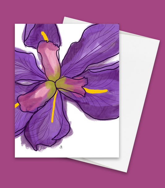 greeting card with a purple iris that reads thinking of you on the inside