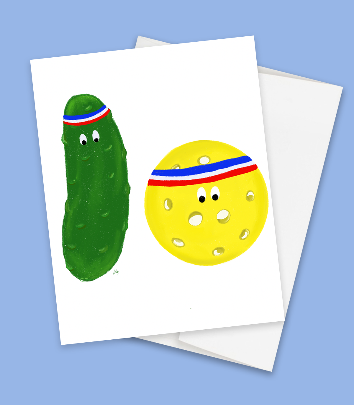 greeting card with a pickle and a ball with sweatbands around their hands. A pun on pickle ball