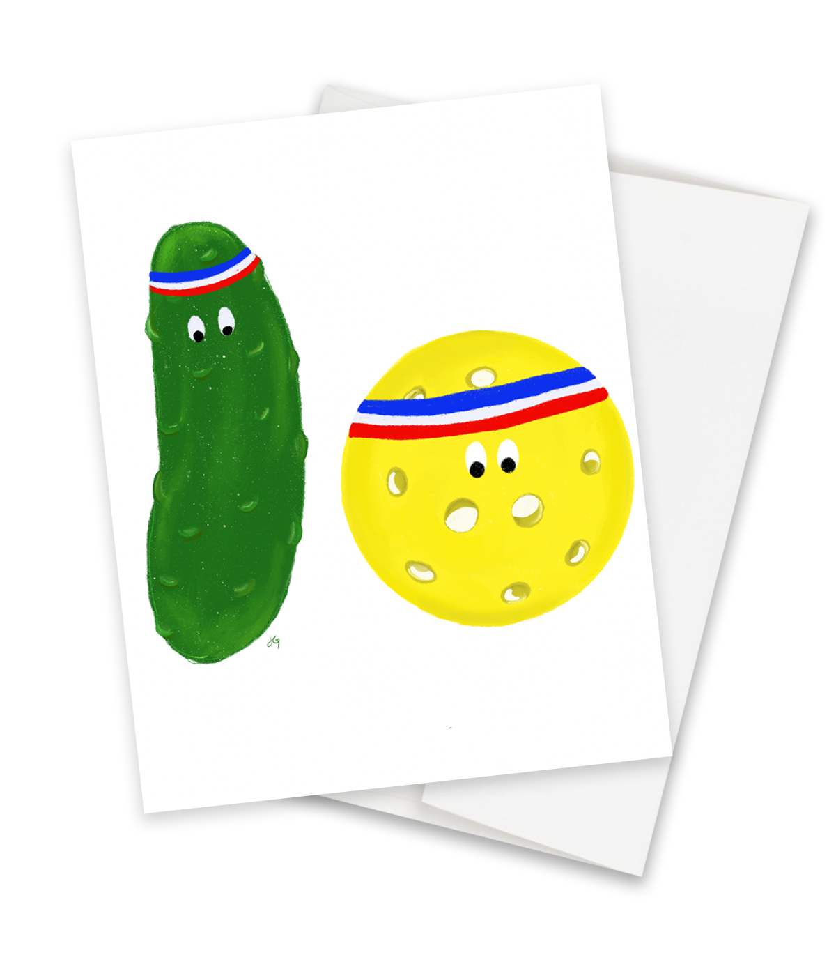 greeting card with a pickle and a ball with sweatbands around their hands. A pun on pickle ball