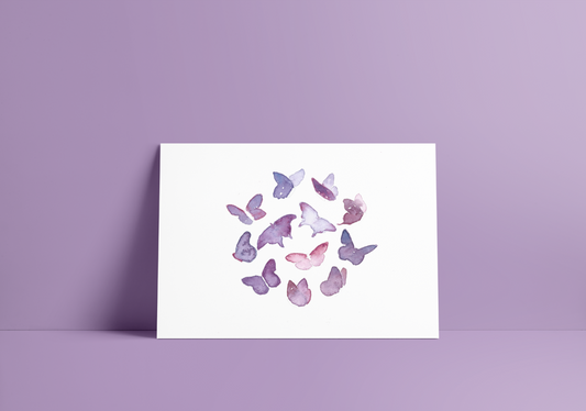 greeting card with various shades of purple butterflies, blank inside