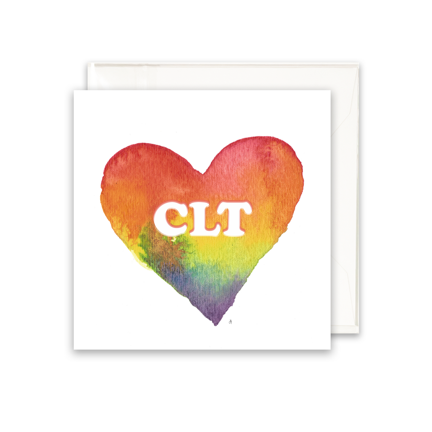 heart that has a rainbow gradient, CLT in the middle for the city of Charlotte, enclosure card, blank