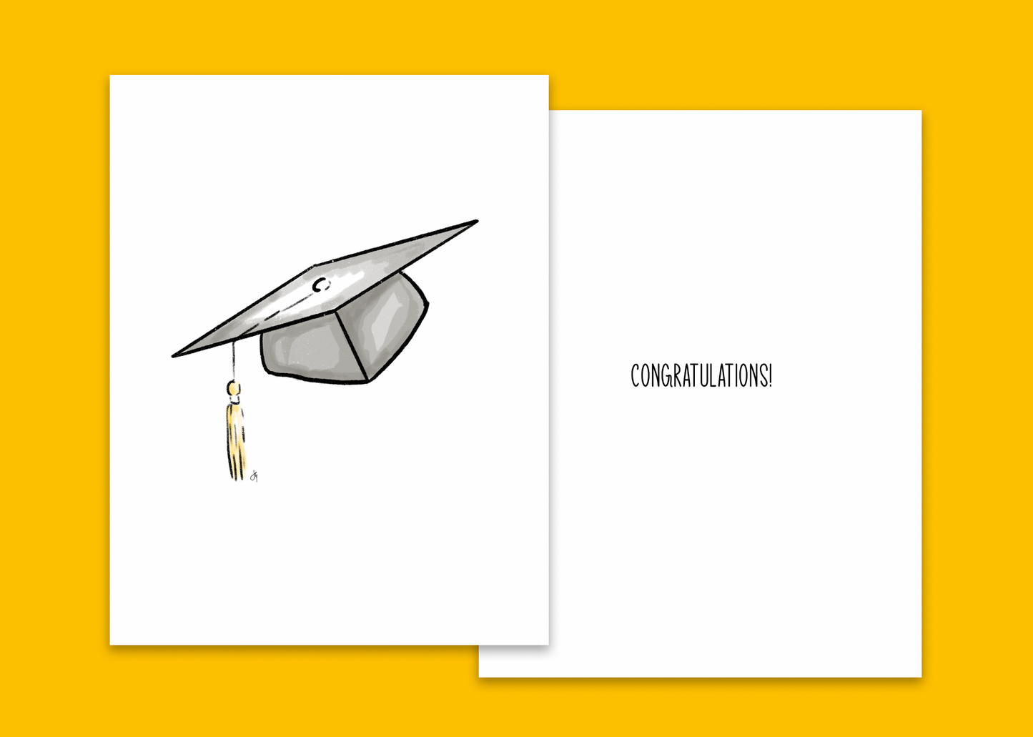 a graduation card, front has a graduation cap, inside includes the words congratulations