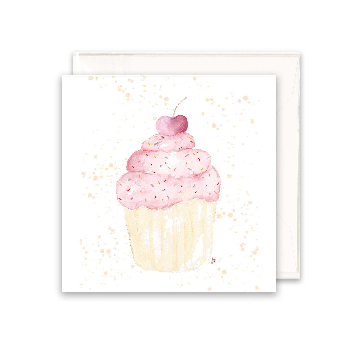 pink cupcake with a cherry on top, varying shades of pink and orange sprinkles, watercolor illustration greeting card, blank inside.  Enclosure card