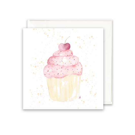 pink cupcake with a cherry on top, varying shades of pink and orange sprinkles, watercolor illustration greeting card, blank inside.  Enclosure card