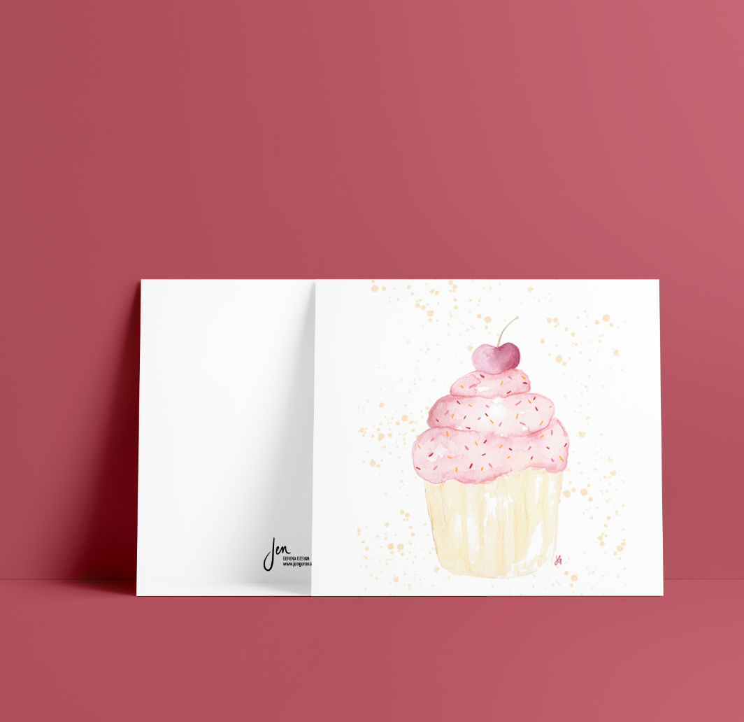 pink cupcake with a cherry on top, varying shades of pink and orange sprinkles, watercolor illustration greeting card, blank inside.  Enclosure card