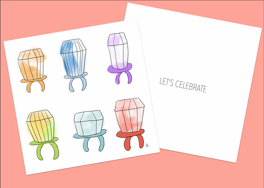 Square greeting card with illustrated rings inspired by ring pops in pastel colors that reads let's celebrate inside