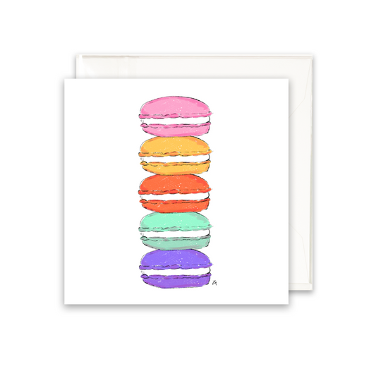 enclosure card that has stacked macarons in pink, yellow, orange, mint and purple. Blank inside.
