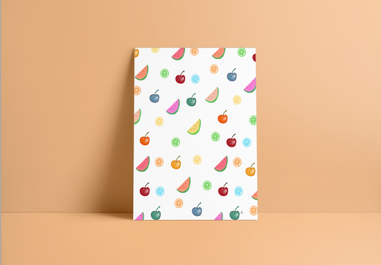 greeting card with illustrated watermelons, cherries and citrus in variety of colors. Blank inside
