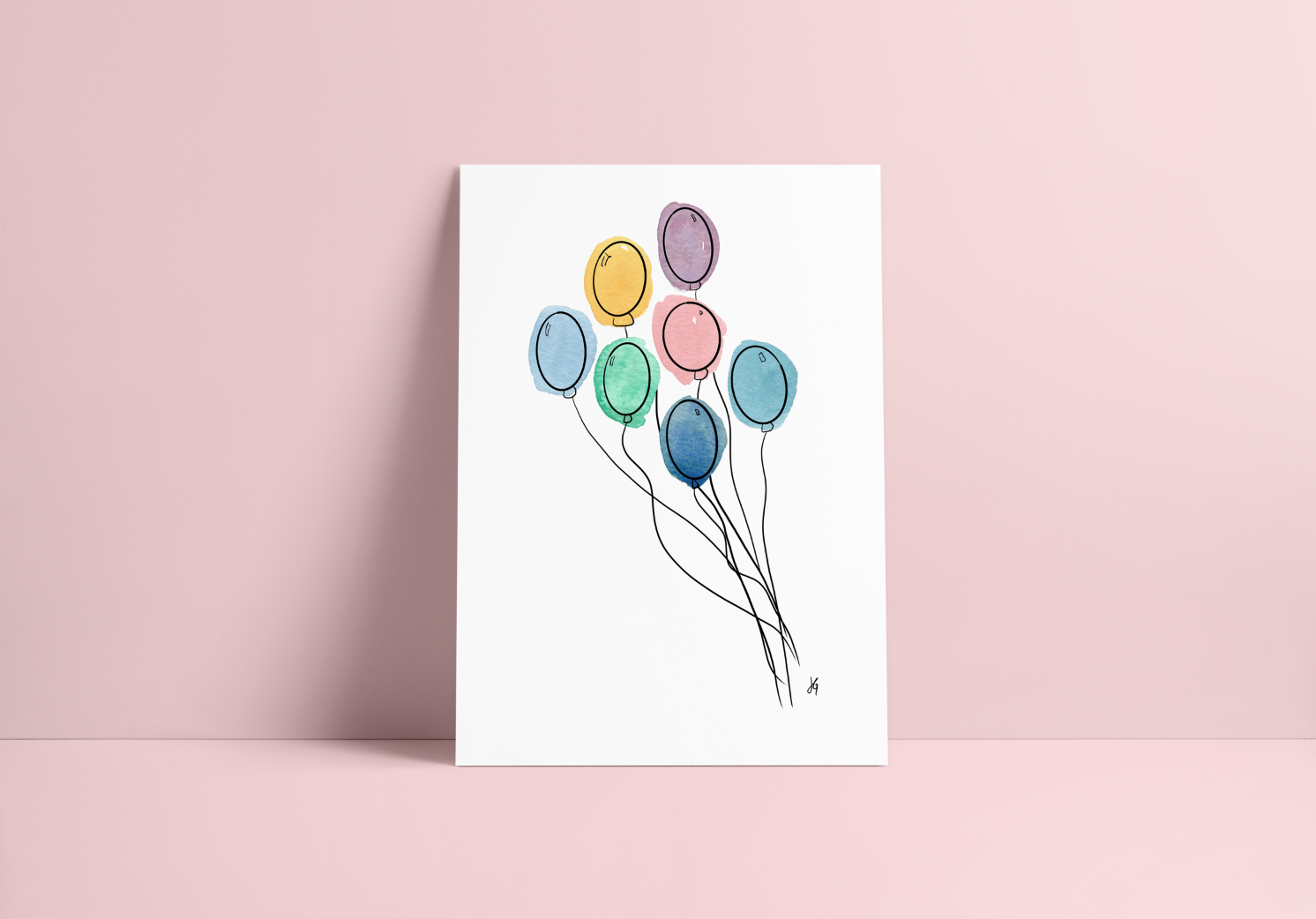 Watercolor balloons, simple, pastel shades, greeting card, blank inside