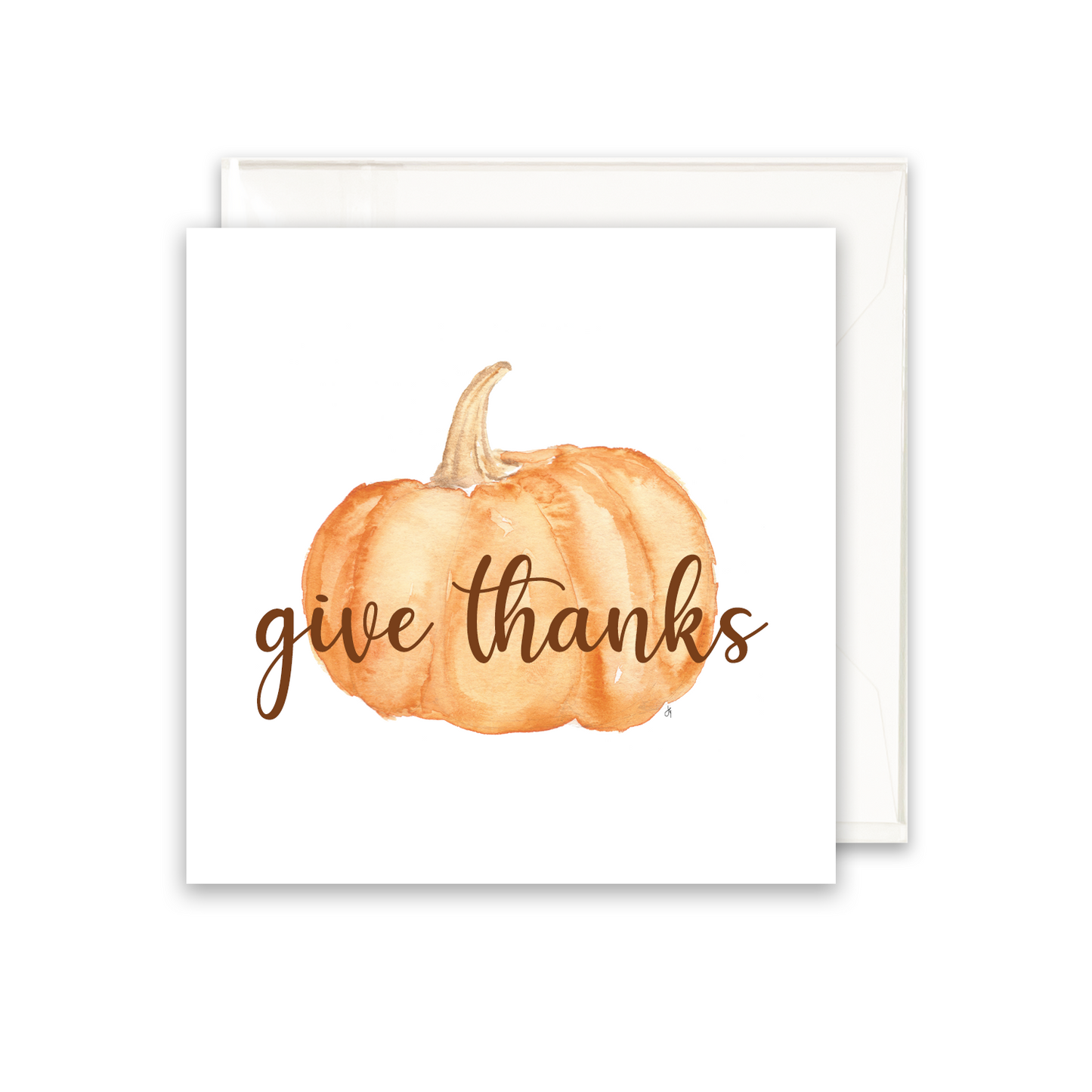 enclosure card with a watercolor pumpkin written Give thanks across the front. Blank inside