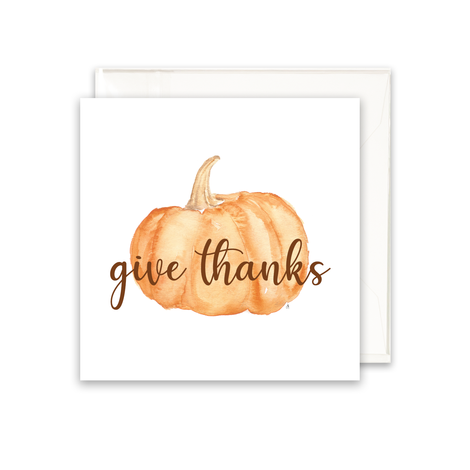 enclosure card with a watercolor pumpkin written Give thanks across the front. Blank inside