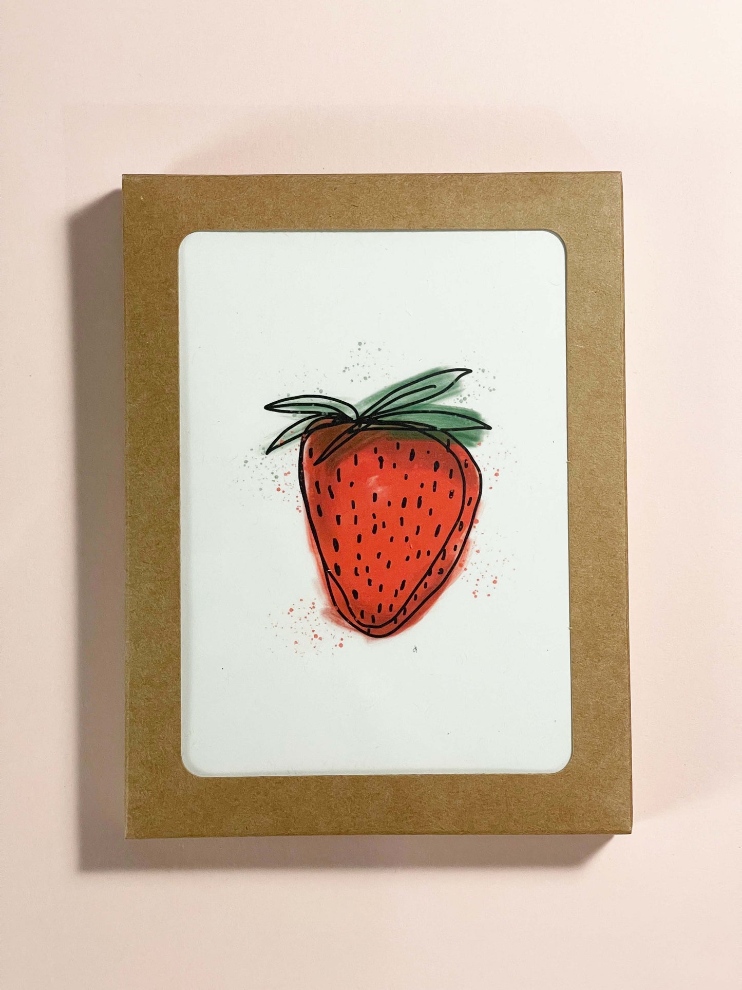 greeting card with a strawberry, blank inside, shown as a boxed card set
