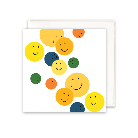 yellow, green, blue and orange smile faces on a enclosure card
