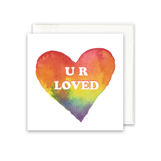 enclosure card with a rainbow heart shape and U R Loved written in the center